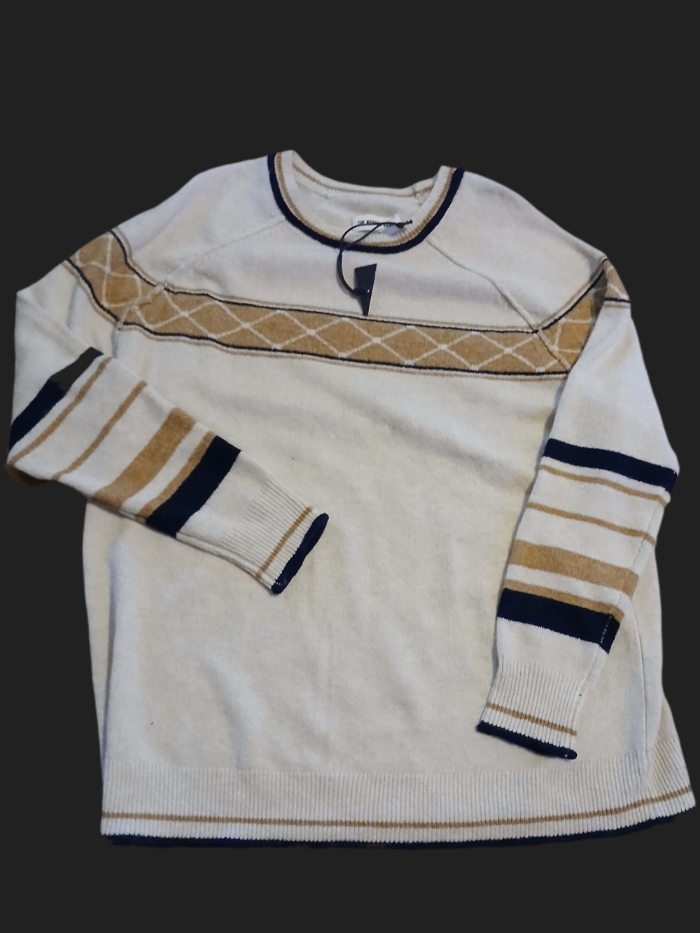 NWT The Normal Brand Cream Crewneck Sweater with Navy & Tan Stripes Mens Large